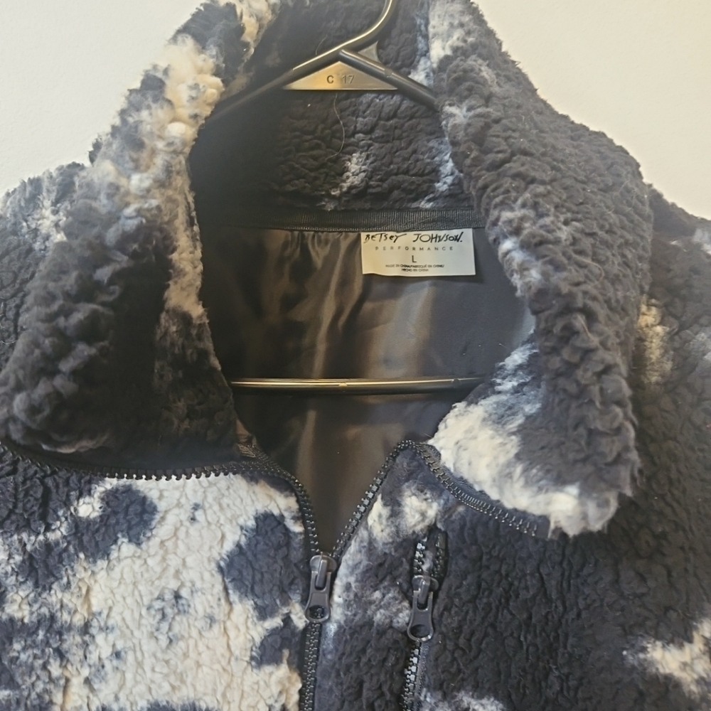 Betsey Johnson Faux Sherpa Cowhide Western Jacket Womens Large Black Cream - Picture 2 of 3
